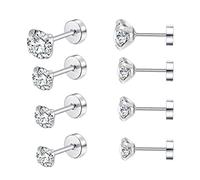 4 Paires Clous d'oreilles en Argent Fin 925 avec Zircones Cubiques Boucles d'oreilles Femmes Filles Hommes Puces d'oreilles Rondes Hypoallergéniques Cartilage Huggies Set, Diamètre 2/3/4/5mm