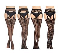 4 Paires Collant Resille Noir Femme Sexy Élastique Collants Taille Haute Filets de Pêche Bas Résille Cuisse Haut Bas Collants Fishnet Tights Jarretelles Collants Bas À La Cuisse (1)