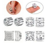 4 paires de boucles d'oreilles magnétiques en acier inoxydable sans perçage pour hommes et femmes. Boucles d'oreilles clous magnétiques rondes, carrées, en forme de larme avec halo de faux diamants CZ