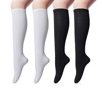 4 Paires de Chaussettes Hautes en Coton pour Femmes Chaussettes Montantes, Chaussettes Longue Genoux Solide Décontractées Noir + Blanc Taille unique