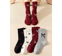 4 paires de chaussettes mi-mollet avec décoration nœud, nouvelles chaussettes pour l'automne/hiver, chaussettes d'équipe avec accent nœud, chaussettes hautes côtelées douces au style scolaire mignon 3