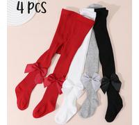 4 paires de collants à rayures verticales de couleur unie avec nœud pour filles, convenant pour le port quotidien et les jours fériés 0-6M,6-12M,1-2Y,2-3Y,4-6 ans,7-9 ans,9-11 ansBlocs de couleur,Unic