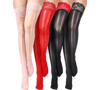 4 paires de collants mi-cuisse brillants avec dentelle en silicone huilé, transparents, pour femmes, M