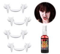 4 Paires Dents de Vampire, Fausse Dent Vampire avec Pellets de Colle, Dents Zombie, Dent de Vampire Adulte Enfant avec 60ml Spray Faux Sang, Dents Vampire Decoration (B)