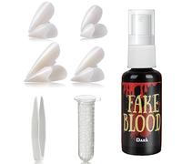 4 Paires Dents de Vampire, Fausse Dent Vampire avec Pellets de Colle, Dents Zombie, Dent de Vampire Adulte Enfant avec 60ml Spray Faux Sang, Dents Vampire Decoration (E)