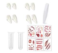4 Paires Dents de Vampire,Halloween Dentier Vampire,4 Tailles prothèses de Vampire avec 2 Tubes de Gomme et 6 Autocollants de Cicatrices,pour Halloween,Cosplay,déguisement de Vampire.