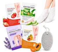 4 Paires Masque Pieds Peeling Exfoliant+Lot de 1 pierres ponces naturelles pour pieds, mit Lavande, fraise, Aloe Vera, papaye, Dissolvant de Callosités, Hydratation Douce Pour Tout Type Peau