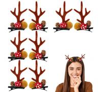 4 Paires Pinces Cheveux Renne Noël Marron avec Pomme de Pin et Pompon | Accessoires cheveux Noël style forêt avec bois de renne marron, pompons doux, champignon rouge et détails naturels