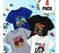 4 paquets T-shirts Graphiques Monster Truck Dinosaure pour Garçons, Hauts d'Été à Manches Courtes pour Tout-Petits et Enfants, Ensemble de Vêtements de Rentrée Scolaire Maternelle 2-7T. 6Y,7Y,8Y,9Y,10