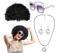 4 PCS Accessoires De Costume Hippie,Perruque Afro Funky,Perruque Hippie Pour Femme,Lunettes De Soleil Mode, Collier,Boucles D'oreilles,Pour Fête De Carnaval Costumes Hippie Halloween Cosplay (Noir)