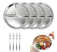4 PCS Assiettes Compartimentées Inox 20 cm, Assiette 3 Compartiments Adulte | avec 4 fourchettes, en acier inoxydable 304, lavable au lave-vaisselle, idéale pour la cuisine,barbecues et les pique-niques