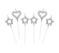 4 pcs Bougie d'anniversaire en Forme d'étoile 2 pcs Bougie d'Anniversaire en Cœur,Bougies Deco de Gâteau Anniversaire Accessoires de Décoration de Gâteau pour Fête Mariage,Argent