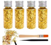 4 Pcs Bouteille De Flocons d'Or Avec Pince Et Pinceau, Gold Leaf Flakes Multifonctions, Feuille d'Or Comestible, Pour Décoration De Dessert Gâteau Chocolat Cuisson Peinture Artisanat Décoration