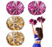 4 Pcs Cheerleading Pom Poms Feuille Métallique, Pompom Girl Cheerleader Pompons avec Poignées, Pompons Sport de Balle pour l'école, les Sports, les Soirées Dansantes, les Compétitions (Rose&Or)