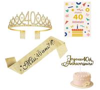 (4 pcs) Couronne 40 Ans Anniversaire Echarpe Carte de Vœux Cake Topper 40 Ans Diadème Tiare de Couronne Or Écharpe Happy 40th Birthday Décoration Ensemble d'anniversaire 40 Femmes