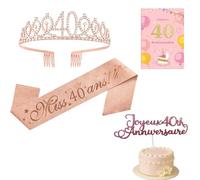 (4 pcs) Couronne 40 Ans Anniversaire Echarpe Carte de Vœux Cake Topper 40 Ans Diadème Tiare de Couronne Or Écharpe Happy 40th Birthday Décoration Ensemble d'anniversaire 40 Femmes