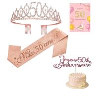 (4 pcs) Couronne 50 Ans Anniversaire Echarpe Carte de Vœux Cake Topper 50 Ans Diadème Tiare de Couronne Or Écharpe Happy 50th Birthday Décoration Ensemble d'anniversaire 50 Femmes