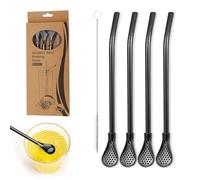 4 pcs Cuillère à Paille en Acier Inoxydable,Paille 304 Inox Réutilisables,Pailles à Boire Cuillère à Filtre,Pailles en Métal, avec cuillère filtrante, Amovible, Brosse,Pour Cocktail,Smoothie Jus(Noir)