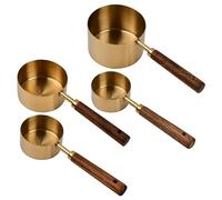 4 Pcs Cuillères et Tasses à Mesurer en Cuivre Acier Inoxydable, Cuillere Doseuse avec Manche en Bois, Cuisine Mesure Cup Poli Miroir pour Pâtisserie Cuisson Café Thé Sec (Acacia)