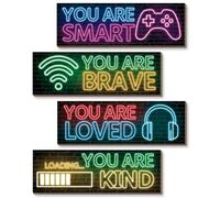 4 Pcs Décoration Gamer,Deco Chambre Gaming,Panneau en Bois Gaming Decoration Murale,Poster Gaming Decoration Chambre Ado Garcon 20x10cm (Néon C)