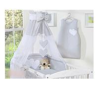 4 pcs ensemble Ciel en Voile Tour de lit bébé 120x60 gris à coeurs Housses de couette 90x120 et d'oreiller
