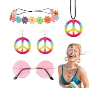 4 Pcs Ensemble De Deguisement Hippie Femme, Tenue Annee 70 Lunette Hippie Rondes Roses, Collier Peace And Love Et D'oreilles, Bandeau Hippie De Fleurs Aux Fêtes Des Annees 60 Annee 70
