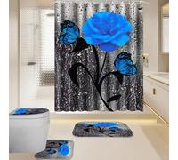 4 Pcs Ensemble Rideau de Douche Salle de Bain Tapis WC Tapis de Bain Antidérapant Couvre Couverture de Toilette Siège (Bleu)