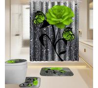 4 Pcs Ensemble Rideau de Douche Salle de Bain Tapis WC Tapis de Bain Antidérapant Couvre Couverture de Toilette Siège (Vert)