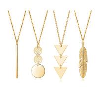 4 PCS Long Necklaces for Women - Fashion Pendant Necklace Jewelry, Golden Bar Feather Circle Leaf Lock Tassel Y Necklace Jewelry Set for Girls