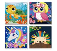 4 Pcs Peinture par Numero Enfant 7 8 9 10 avec Cadre, Tortue, hibou, licorne, hérisson, Peinture sur Toile Acrylique avec Pinceaux, Débutant Adulte Enfant, Décoration Murale Salon Chambre 20x20cm