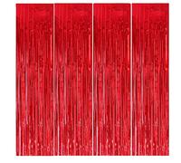 4 Pcs Rideaux à Franges en Aluminium, 1m x 3m Métalliques Tinsel, Noir en Clinquant, Auto-Adhésives Frange Brillant pour Décorations Fête Anniversaire, Bal, Mariage (Rouge)