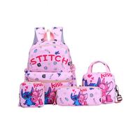 4 PCS Sac à Dos Stitch pour Enfants Cartable Sac à Dos Ordinateur Portable pour Adolescents Repas + Trousse + Portefeuille, Rose
