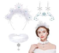 4 PCS Serre Tête Flocon de Neige Boucles d'oreilles Flocon de Neige Collier Flocon de Neige Tatouage, Accessoires de Déguisement de Flocon de Neige, Accessoires Reine Des Neiges pour Carnaval Noël