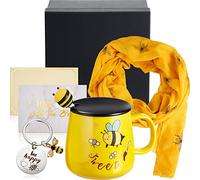 4 Pcs Set de Cadeaux Abeille pour Femme Comprenant Tasse à Café en Céramique avec Couvercle et Cuillère Châle Foulard Imprimé Abeille en Soie Porte-Clés Bee Happy avec Carte Coffret Cadeau
