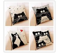 4 Pcs Taie d'oreiller,Housses de Coussin Velours Carré Motif Double Face avec Fermeture Éclair Cachée Coussins Décoratifs Maison pour Chambre Salon Bureau Housse de Coussin 35x35cm Chat Noir Et Blanc