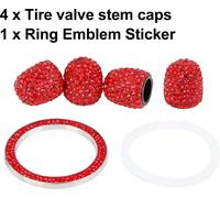 4 PCS Voiture Vanne Tige Capuchons avec 1 PCS Anneau Emblème Autocollants Bling Rouge