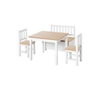 4-Piece Kids Table and Chair Set with 2 Wooden Chairs 1 Storage Bench and Interesting Modern Design Beige/White