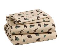 4-Piece Rustic King Microfiber Bed Sheet Set Deep Pocket Bedding Cabin Lodge Bear Deer, Green Brown Tan