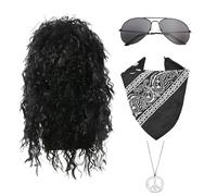 4 Pièces 70s 80s Costume de Perruque Rock Accessoires de Disco, Longue Perruque Bou Noire Bandana Lunettes de Soleil Collier Peace, Accessoires Disco Hippie Punk pour Soirée Halloween Carnaval