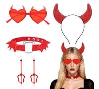 4 Pièces Accessoire Deguisement Diable Femme Serre Tete Diable Collier Gothique Halloween Lunettes Cœur Boucles d'Oreille Trident Accessoire de Costume Diablesse Femme pour Halloween, Carnaval Cosplay