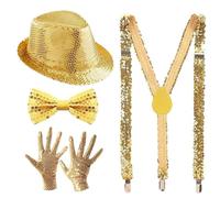 4 Pièces Accessoires à Paillettes Pour Homme,Chapeau Melon à Paillettes,Bretelles Scintillantes,Nœud à Paillettes et Gants,Convient Pour Les Fêtes Costumées,Les Rave Parties,Les Cosplay Parties