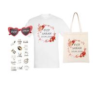 4 pièces Accessoires EVJF, Kit EVJF Personnalisable, T-Shirt Personnalisé Couronne Fleurs, Tote Bag Couronne Fleurs Personnalisé 38x42 cm, Lunettes Cœur Personnalisés, 10 Tatouages