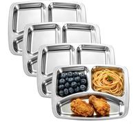 4 Pièces Assiette Inox, Assiette Compartiment Adulte en Acier Inoxydable, 28,5cm assiettes Regime avec 3 Compartiments,Réutilisable assiettes Portionnées pour Pique-nique Fête Cuisine(Rectangulaire)