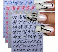 4 pièces Autocollants d'art pour ongles avec lettres gothiques, design 3D métallique noir, or, bleu, rouge. Lettres majuscules et minuscules de l'alphabet anglais, symboles de style Y2K. Décalcomanies
