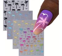 4 pièces Autocollants d'art pour ongles avec motif d'arbre de noix de coco d'île d'été en 4 couleurs, convient pour la décoration d'ongles DIY, design charmant, fournitures pour ongles auto-adhésives,