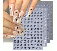 4 pièces Autocollants d'art pour ongles en 3D, lettres noires, blanches, dorées, argentées. Design gothique rétro artistique avec symboles de l'alphabet anglais. Autocollants holographiques pour nail 