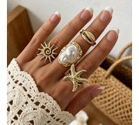 4 pièces Bagues de style bohème vintage de couleur dorée avec motifs de vie océanique : coquillages, étoiles de mer, tourbillons, soleil et perles baroques Alliage de zinc