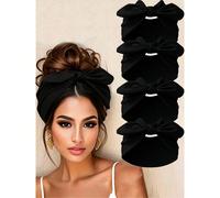 4 pièces Bandeaux larges noirs unicolore avec grandes oreilles de lapin et nœud, turban à cheveux souple et extensible, accessoires capillaires pour yoga, maquillage et usage quotidien pour femmes Uni
