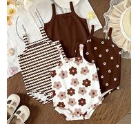 4 pièces Barboteuse imprimée florale et rayée mignonne pour bébé fille nouveau-né, combinaison sans manches douce et confortable pour le port quotidien, tenues d'été 6-9M,0-1M,1-3M,3-6MRayé,PlantesPol