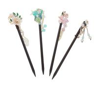4 Pièces Bâtonnet à Cheveux en Bois Vintage Chinois avec Pompon | Lot, Bois D’ébène Poli, Style Hanfu, pour Chignons, Longues Coiffures, Séances Photo